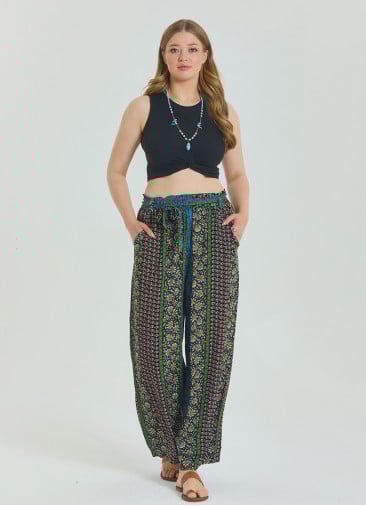 Navy Blue Women's Plus Size Trousers with Elastic Waist Belt Detail 4619